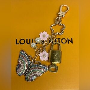 Louis Vuitton Brass Lock & Key Rhinestone Butterfly, Flower Bag Charm, Keychain